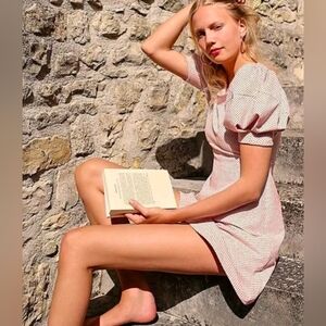 Free People Penelope mini dress pink polka dot puff sleeve fit and flare